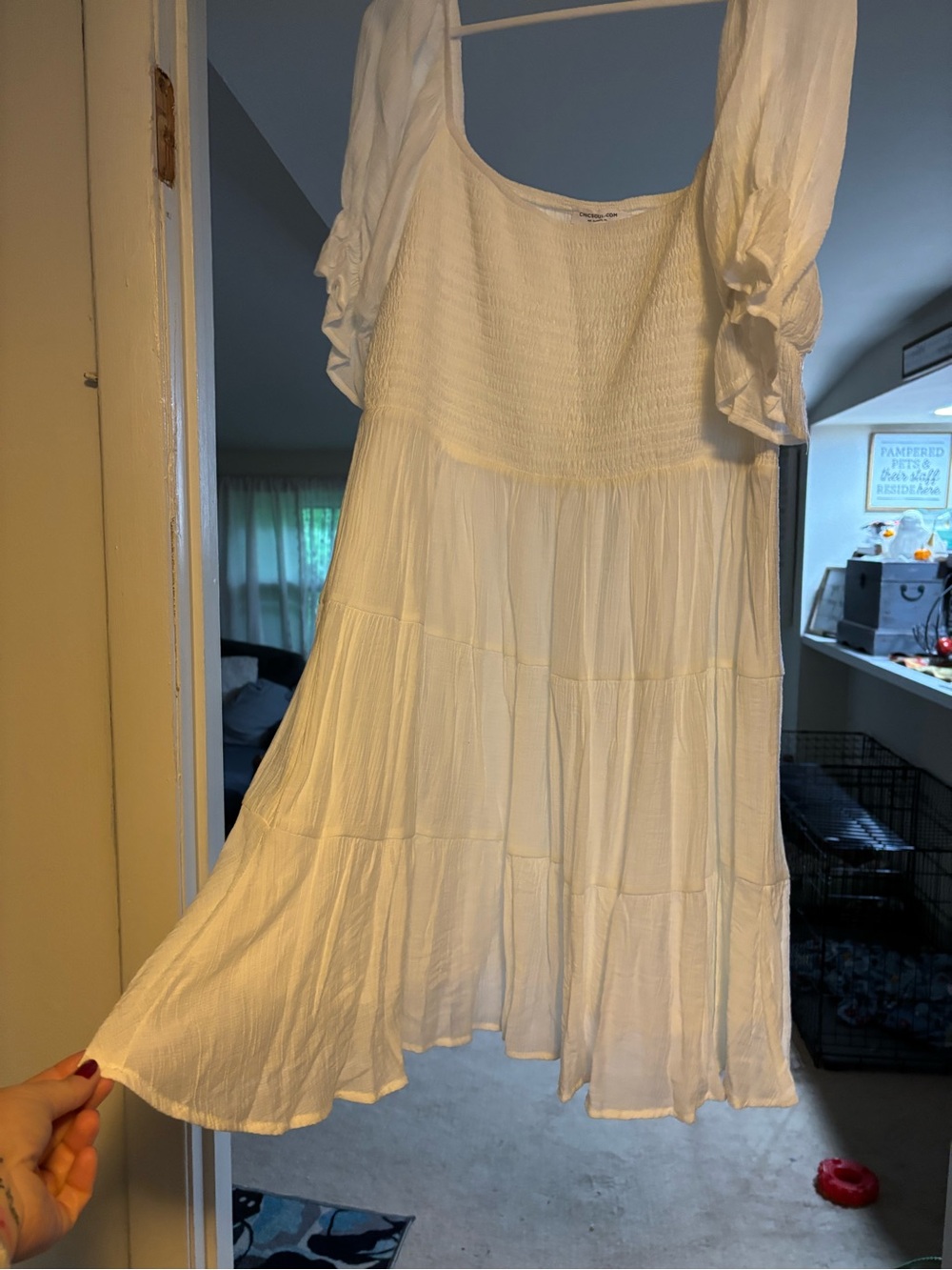 Chic Soul White Tiered Smocked Midi Dress with Puff Sleeves
